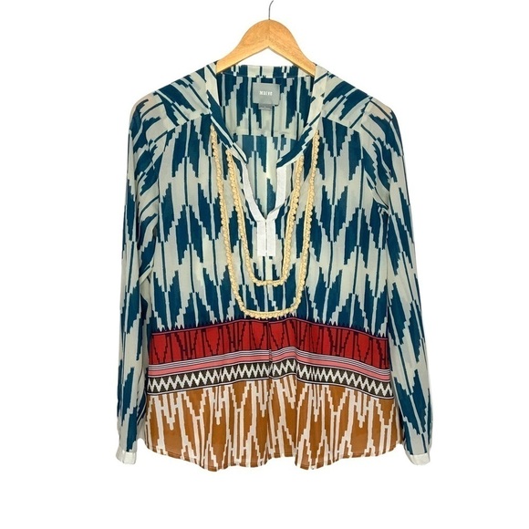 Anthropologie Maeve Womens Aztec Tribal Blouse Sz 4 Long Sleeve Multicolor - Picture 2 of 9